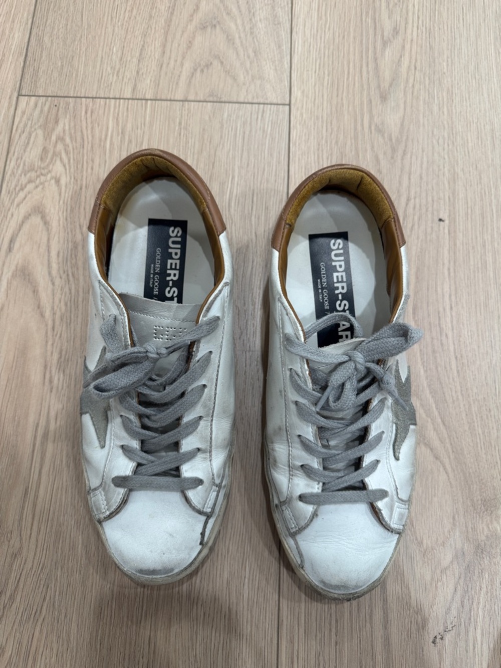 Golden Goose White Sneakers with Gray Star and Brown Heel Tab - Picture 2 of 4